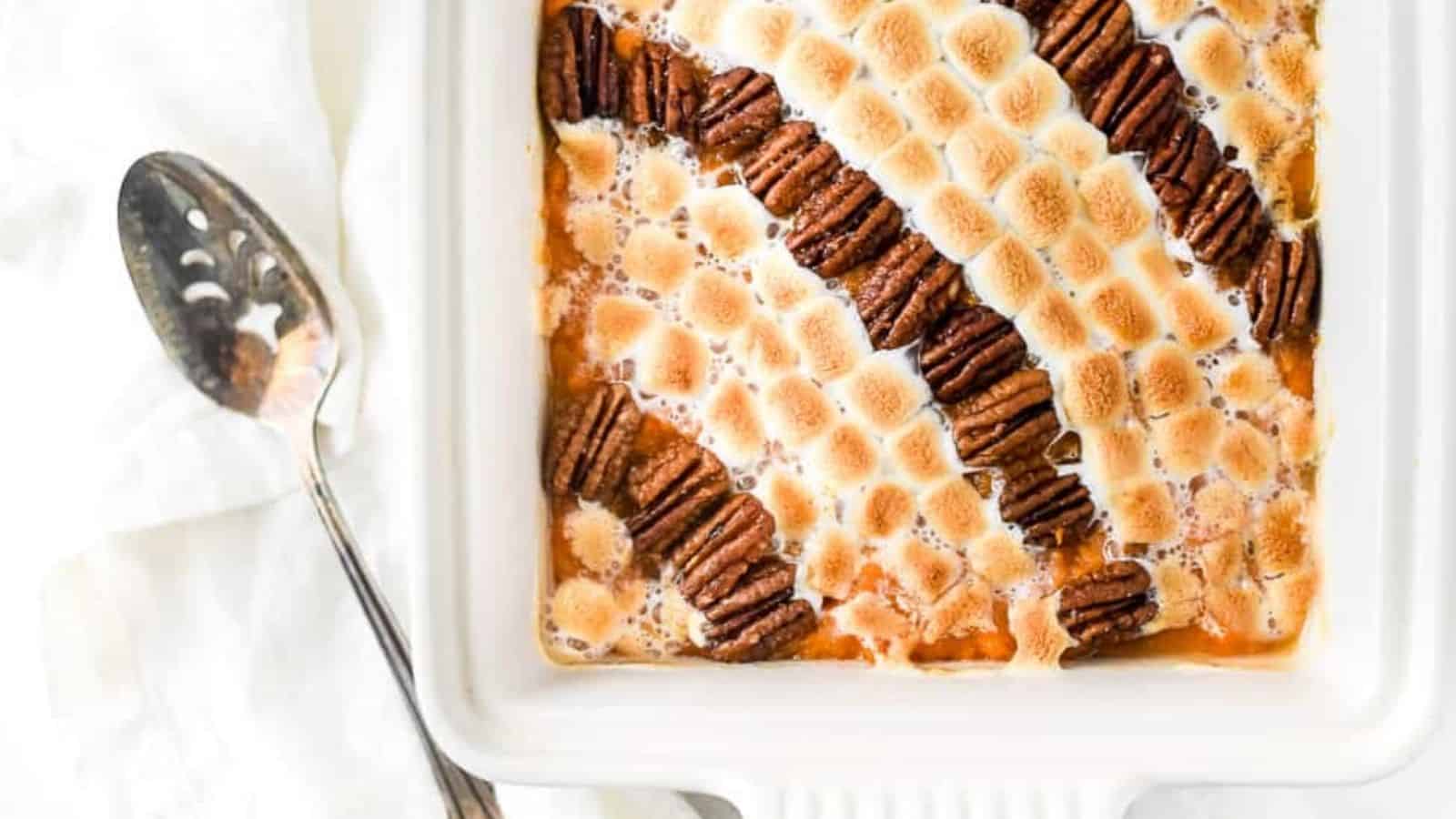 Overhead image of candied pecan marshmallow sweet potato casserole.