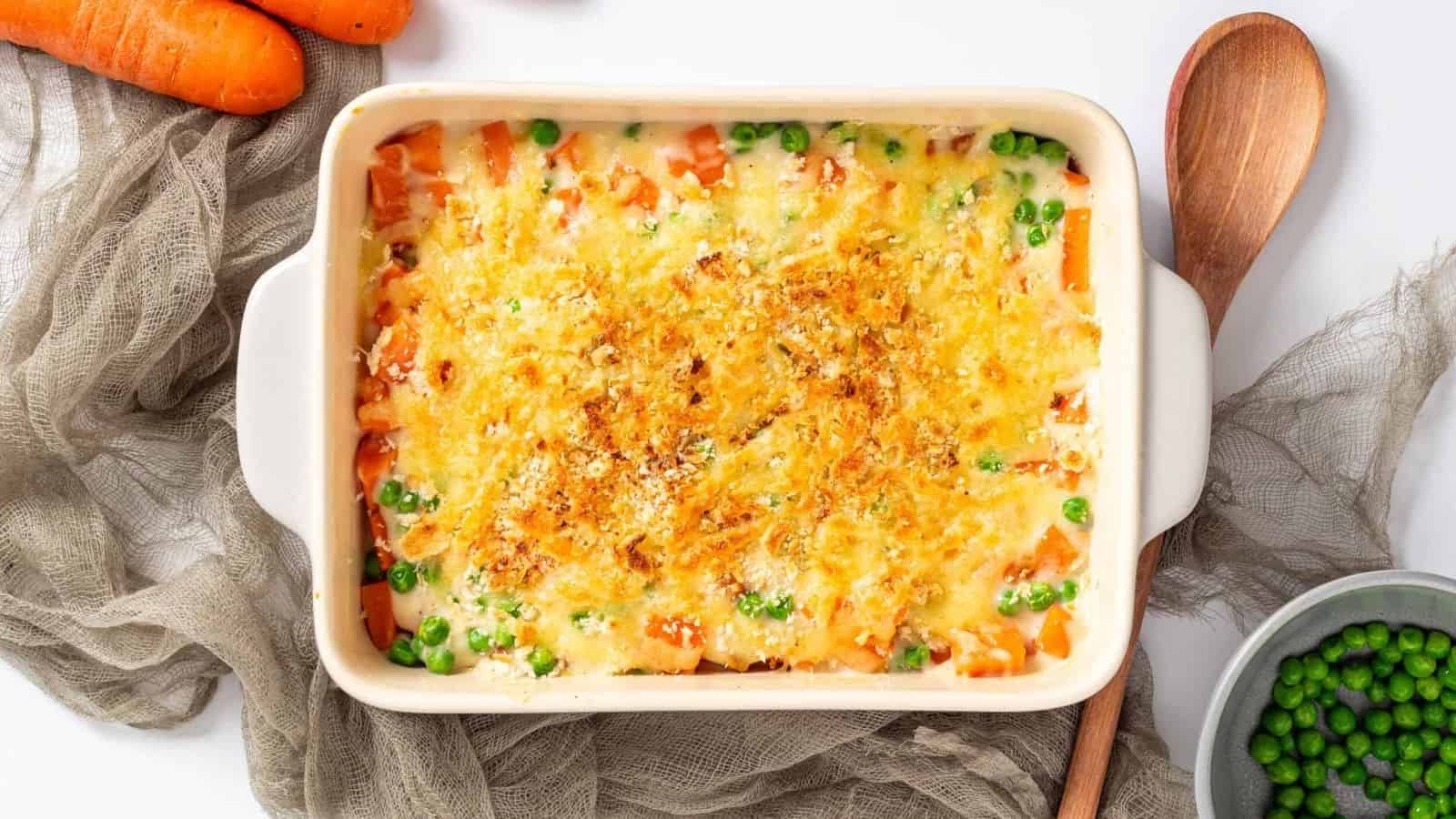 An overhead image of baked carrot casserole.