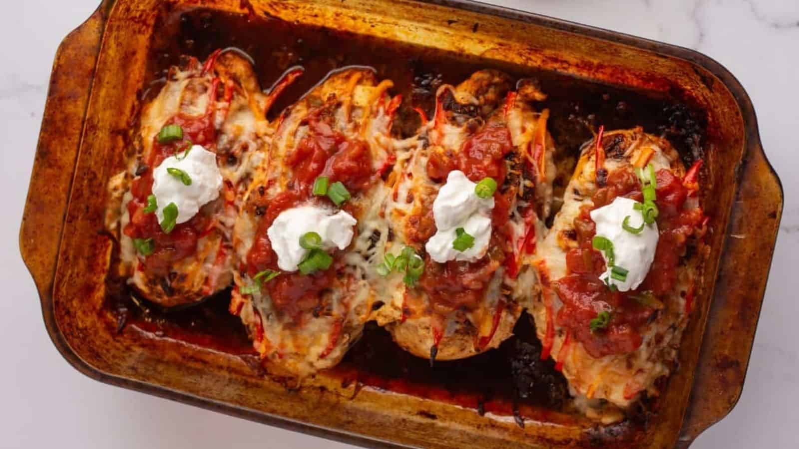 Cheesy chicken fajita bake in a baking pan.