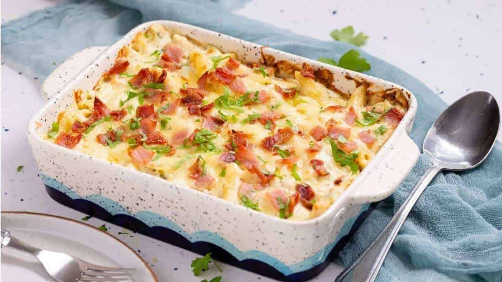 Chicken bacon ranch casserole in baking dish.