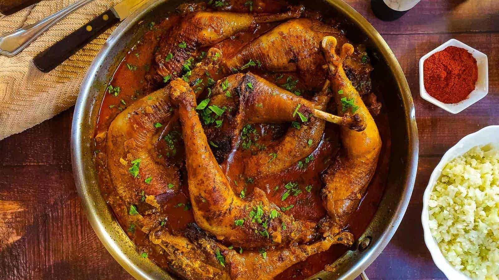 Chicken paprikash in skillet.