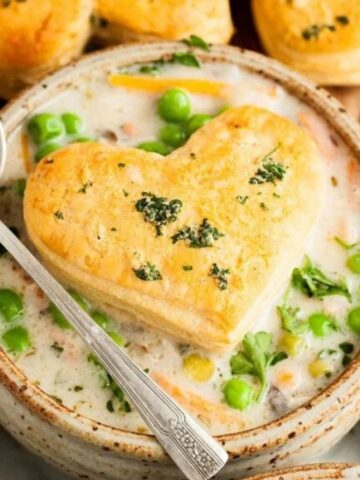 Close-up image of chicken pot pie soup in a bowl.