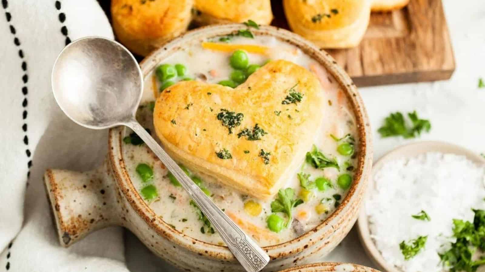 Close-up image of chicken pot pie soup in a bowl.