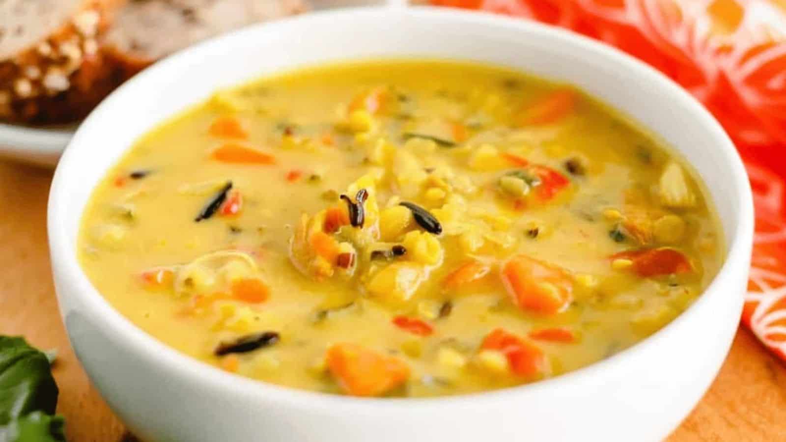 A bowl of chicken wild rice soup.