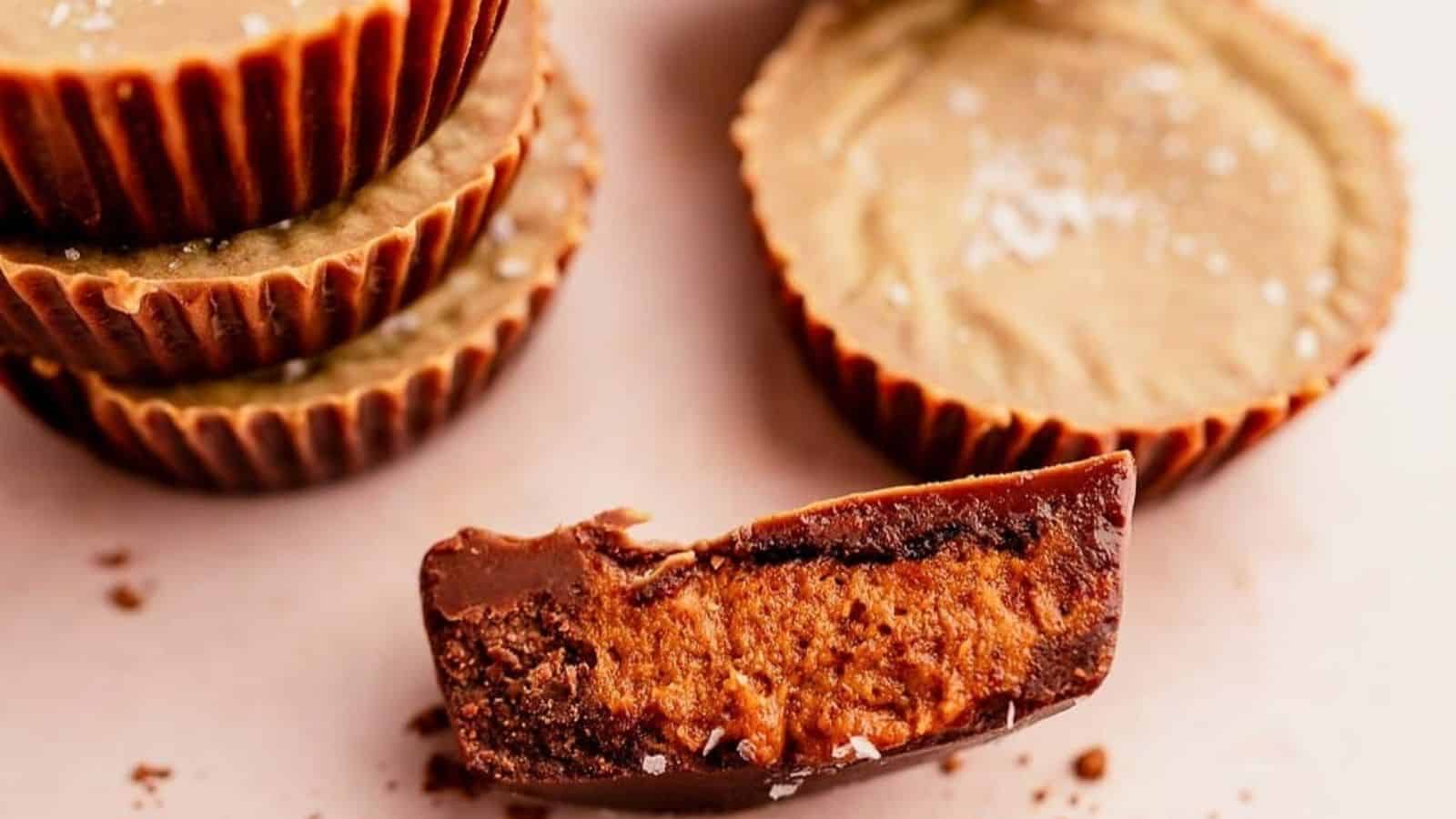 Close-up image of chocolate almond butter pumpkin cups.