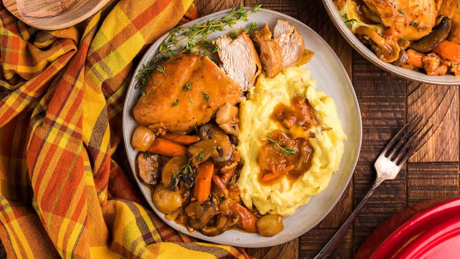 A plate of Coq au Vin – Chicken Braised in Red Wine.