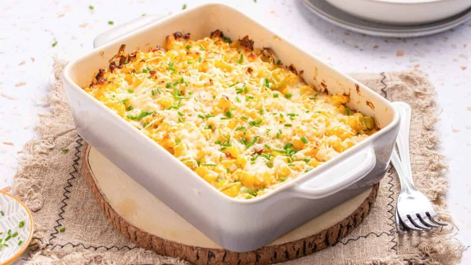 An image of corn casserole with cream cheese, ready to be served.