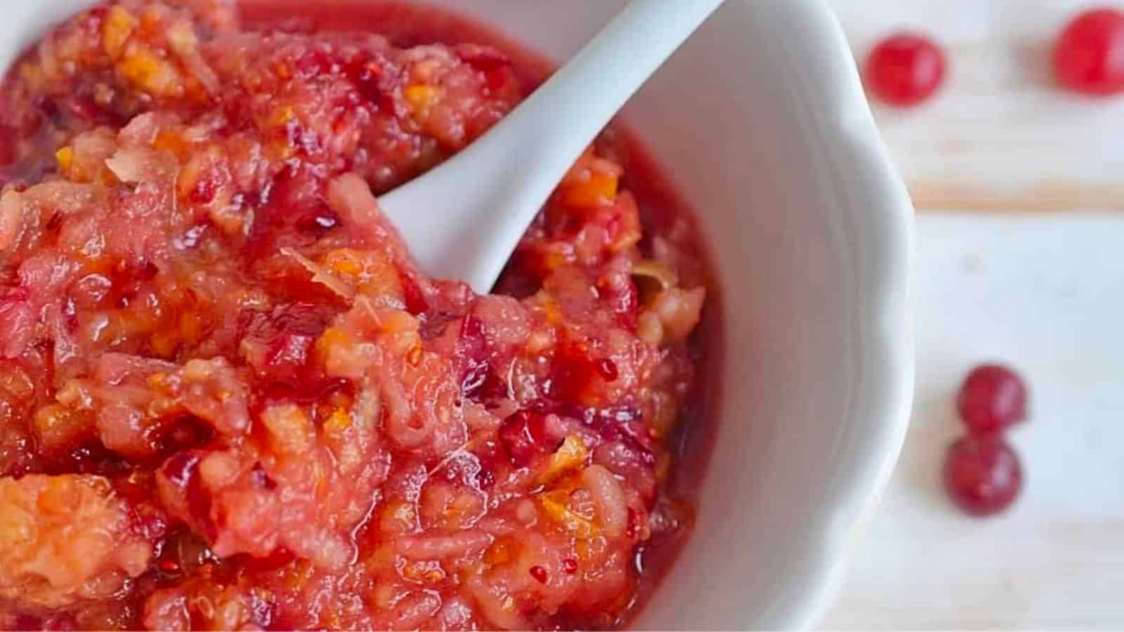 A bowl of Cranberry Orange Relish.