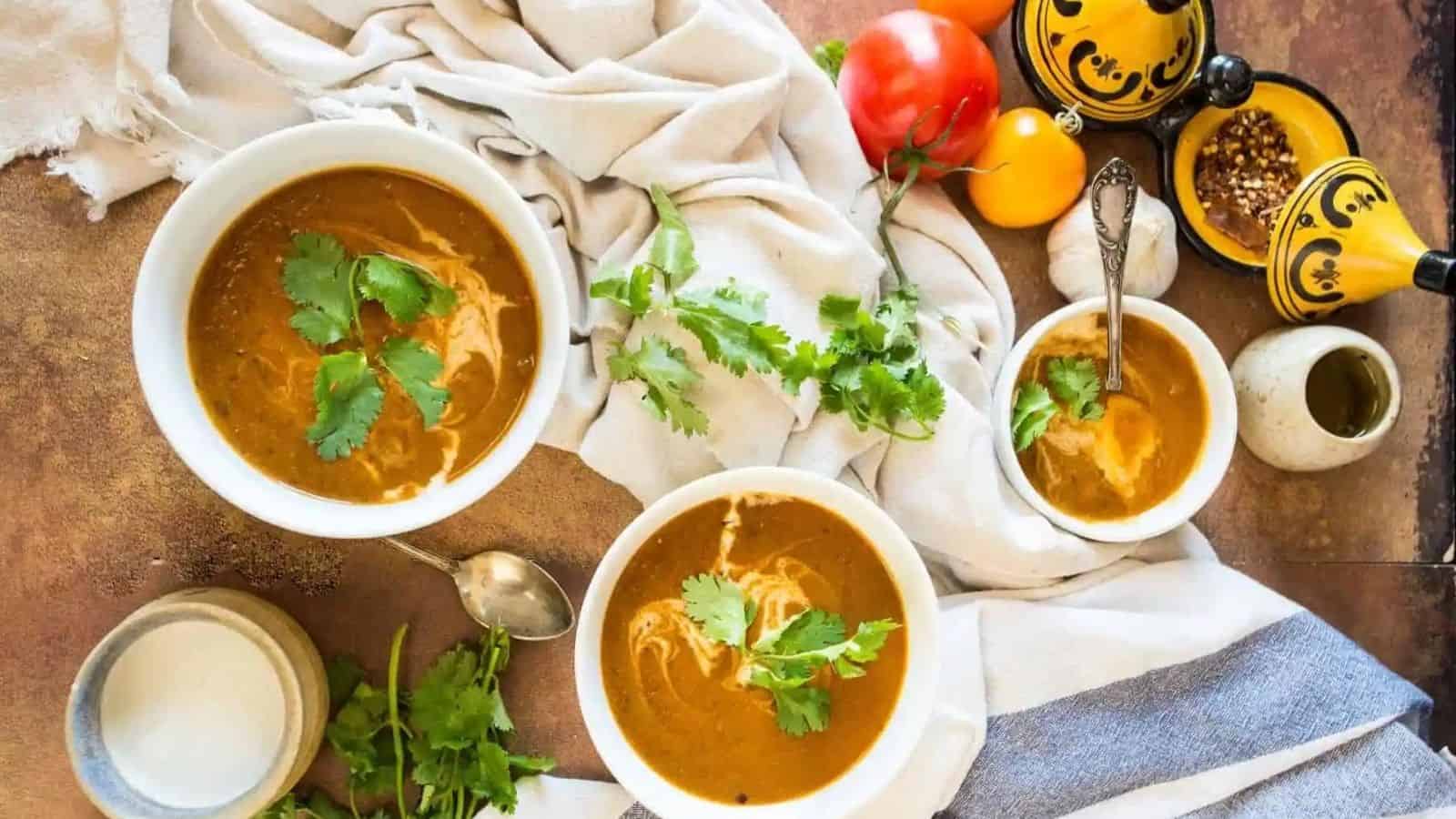 3 bowls of creamy roasted eggplant soup.