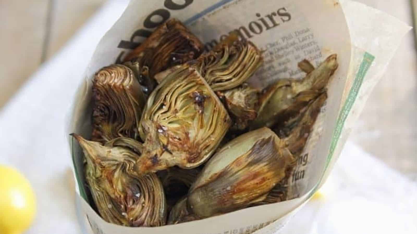 An image of Crispy Lemon Roasted Baby Artichokes.