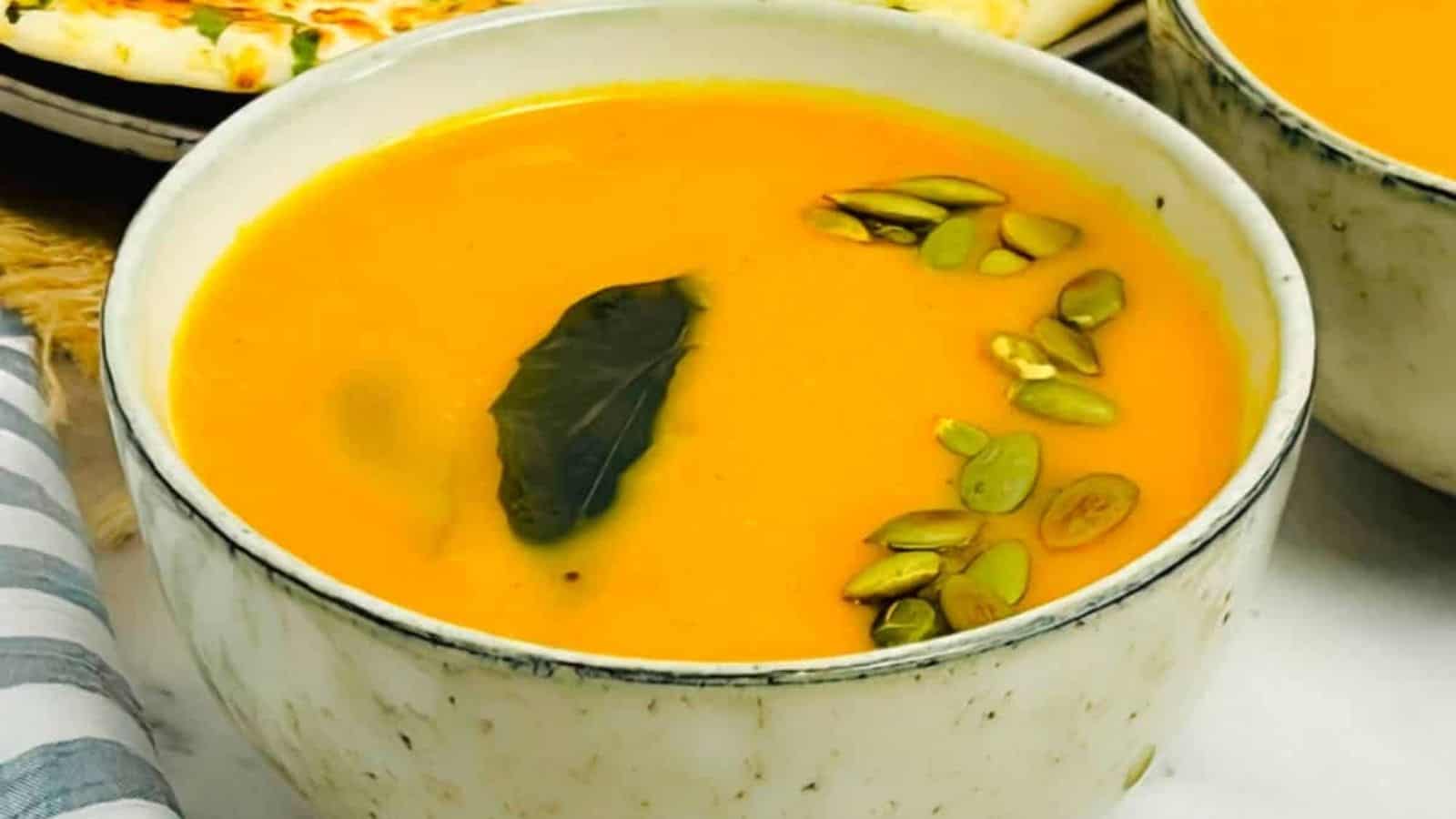 Curried butternut squash soup in a bowl.