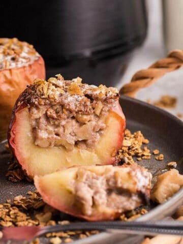 Close-up image of easy air fryer cinnamon maple baked apples.