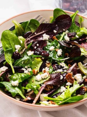 An image of cranberry salad with pecans served in a white salad bowl with a fork on the side.