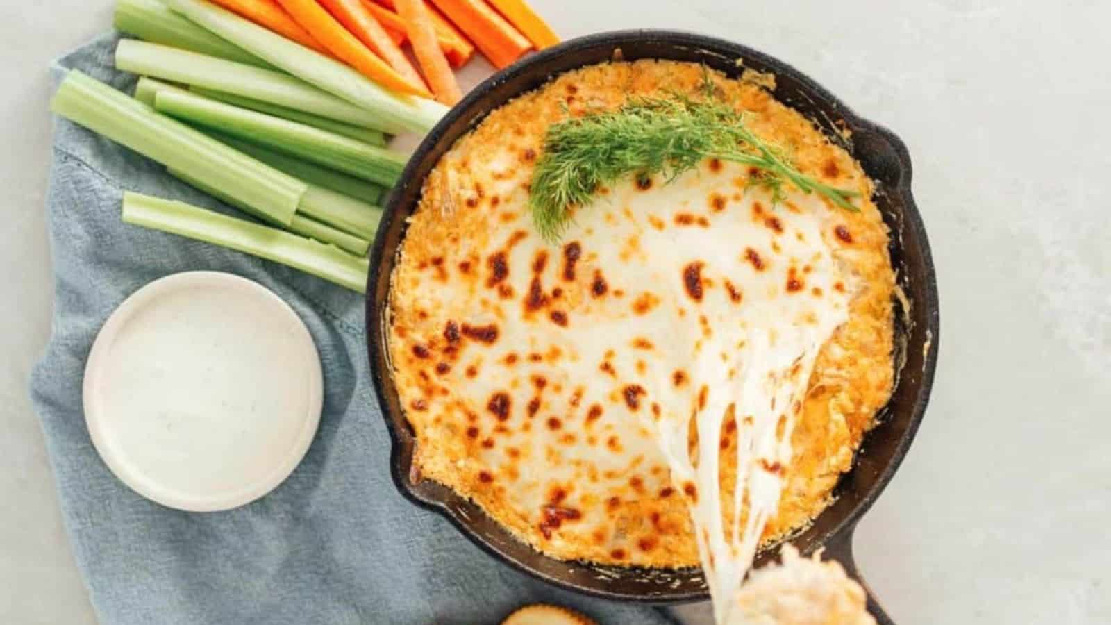 Top view of vegan buffalo jackfruit dip on a pan.