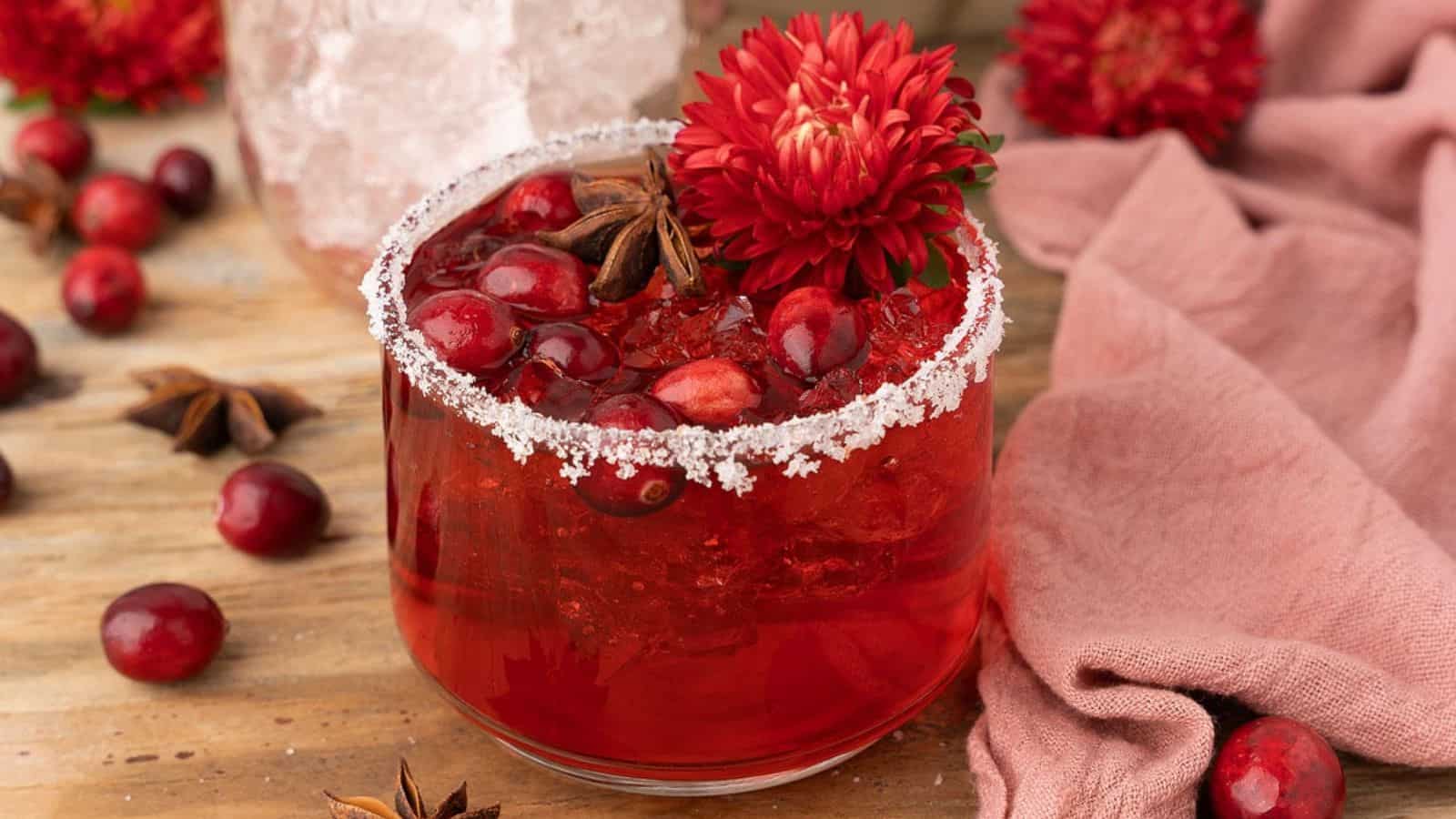 A glass of Festive Holiday Cranberry Margarita.