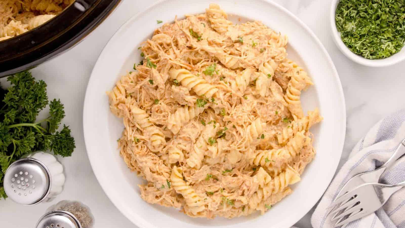 A plate of Garlic Parmesan Chicken and Pasta.