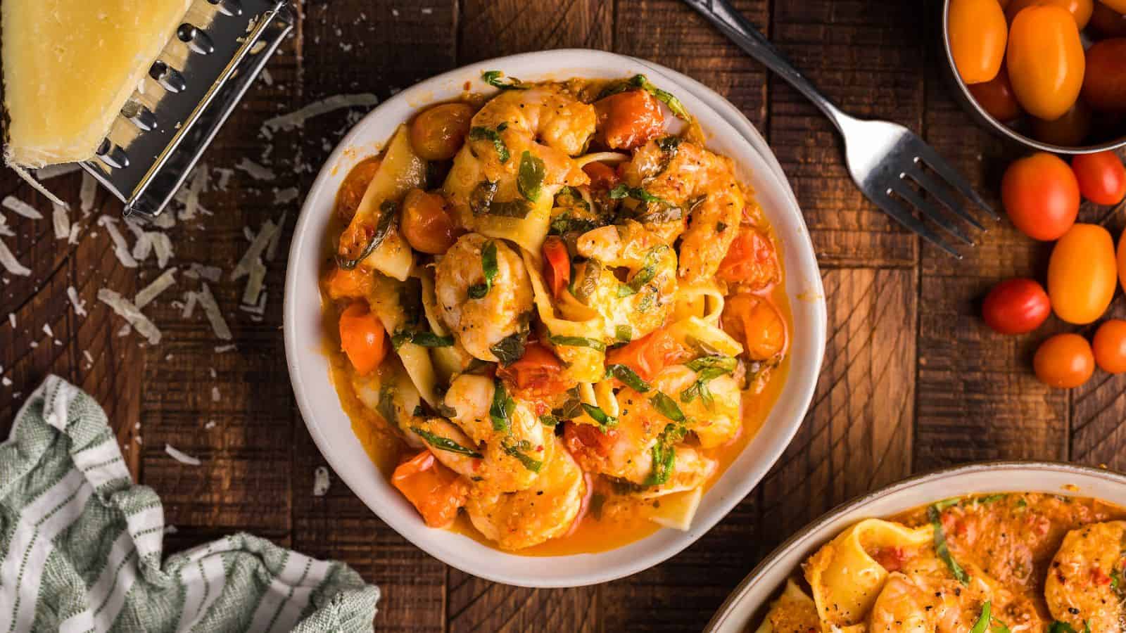 A plate of Garlic Tomato Shrimp Scampi Without Wine.