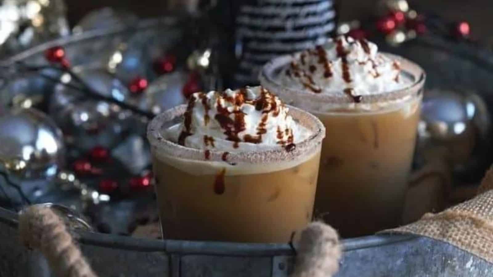 Close-up image of 2 glasses of gingerbread white russian.