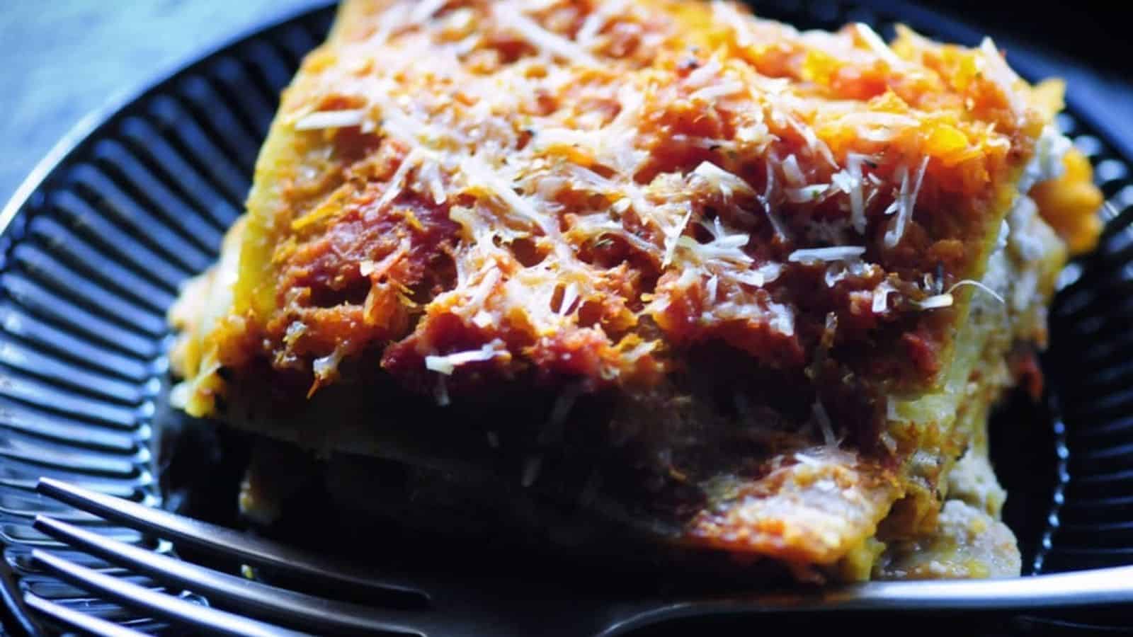 Close-up image of butternut squash vegetarian lasagna on a plate.