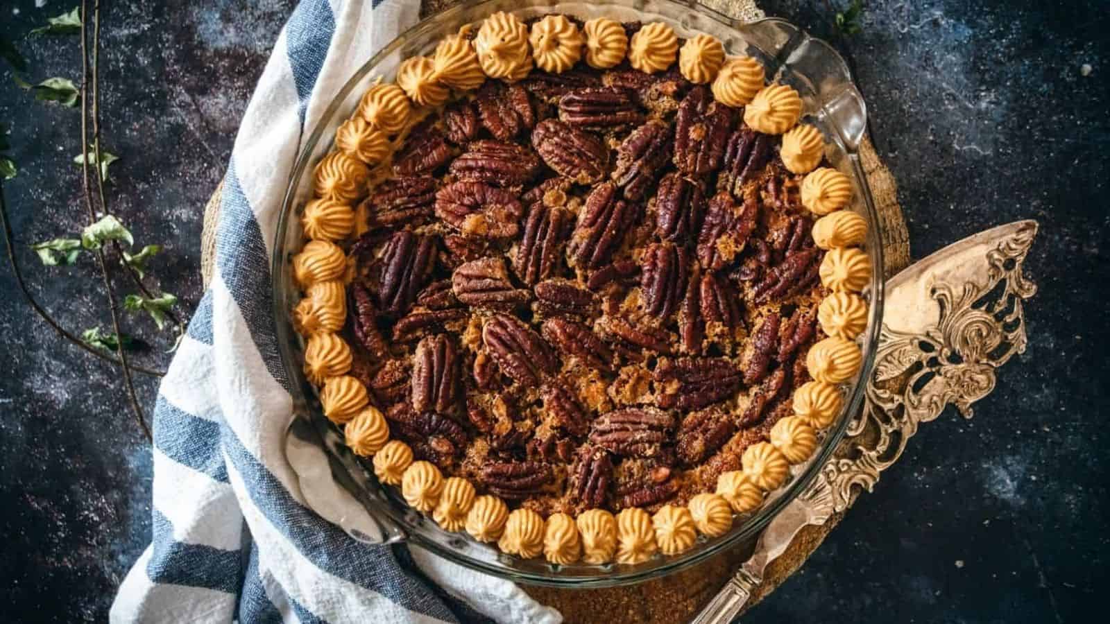 Close up of pecan pie with dulce de leche cream.