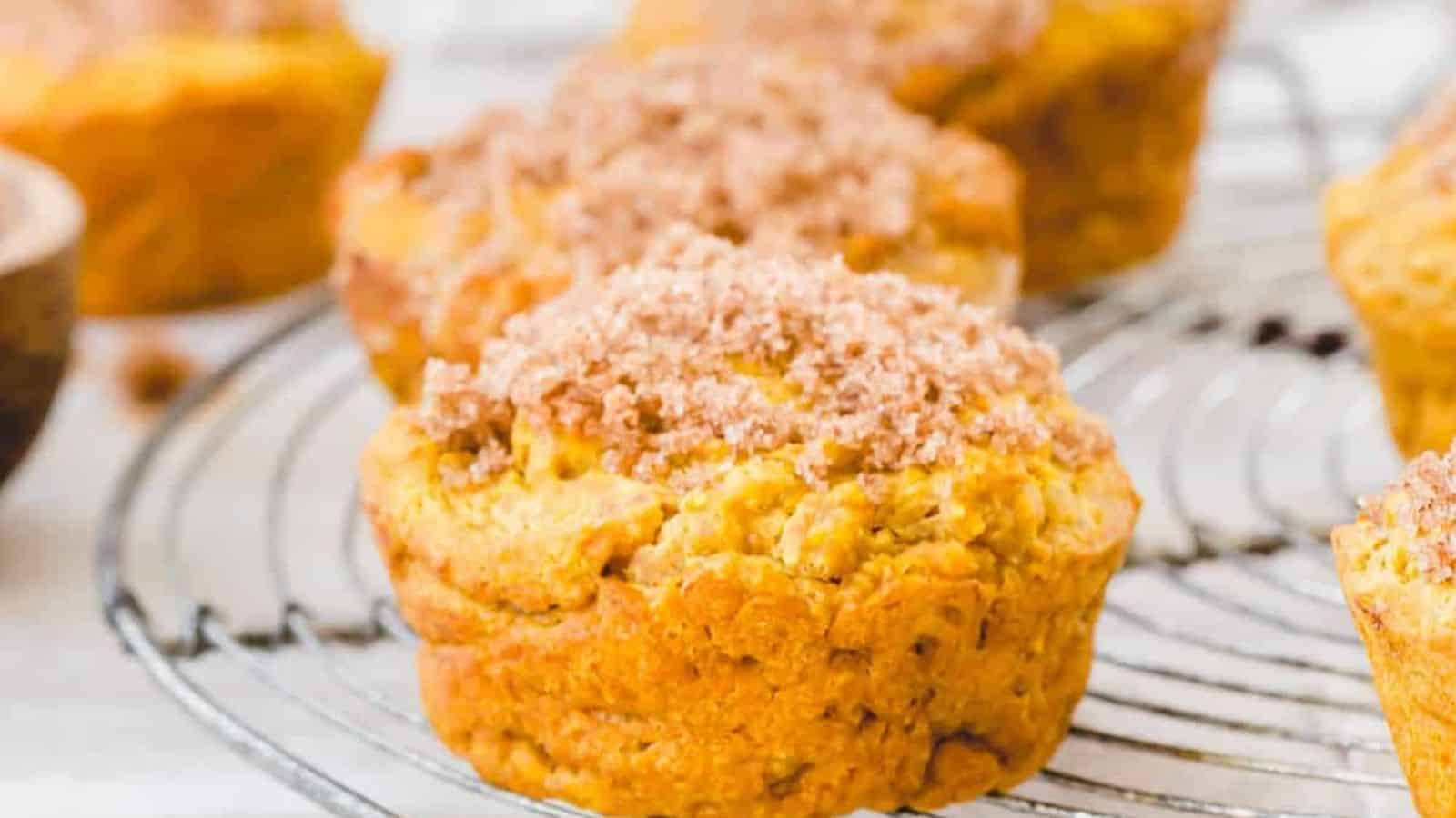 Close-up image of gluten ftee pumpkin muffins on a cooling rack.