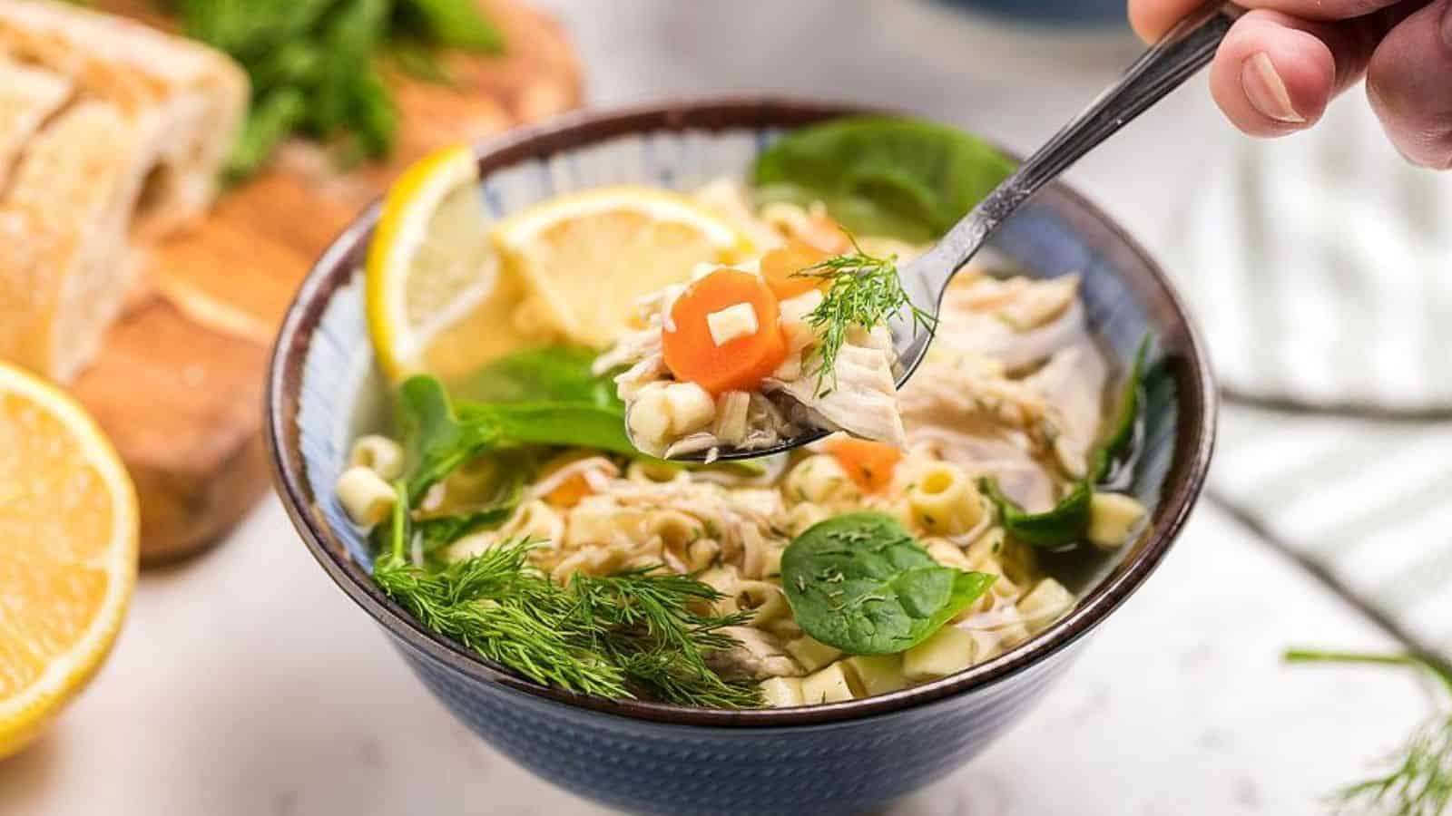 Greek lemon chicken soup in a bowl.