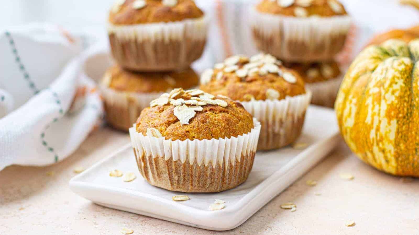 Images of Healthy Pumpkin Banana Oat Muffins.