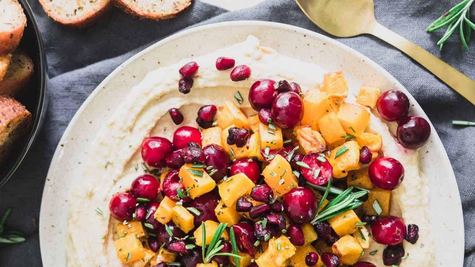 A plate of Holiday Butternut Squash Hummus.