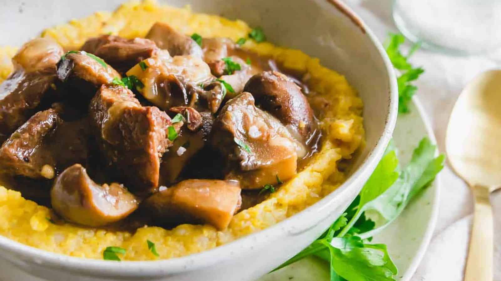 A close-up image of a bowl of Instant Pot Beef and Mushroom Stew.