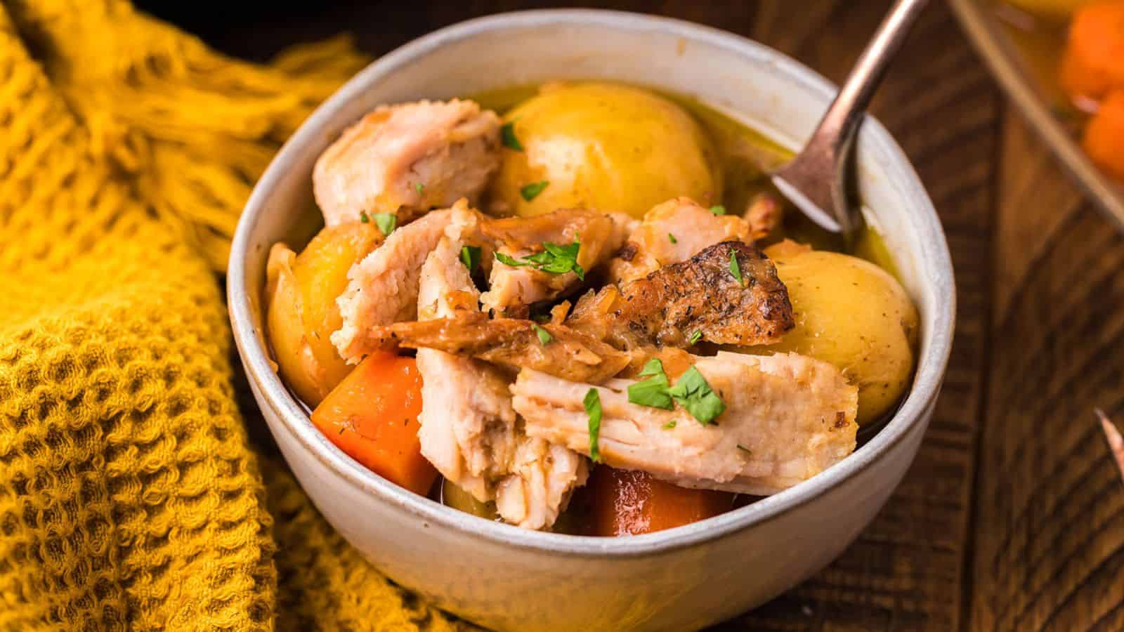 A bowl of Instant Pot Pork Loin Roast with Vegetables.