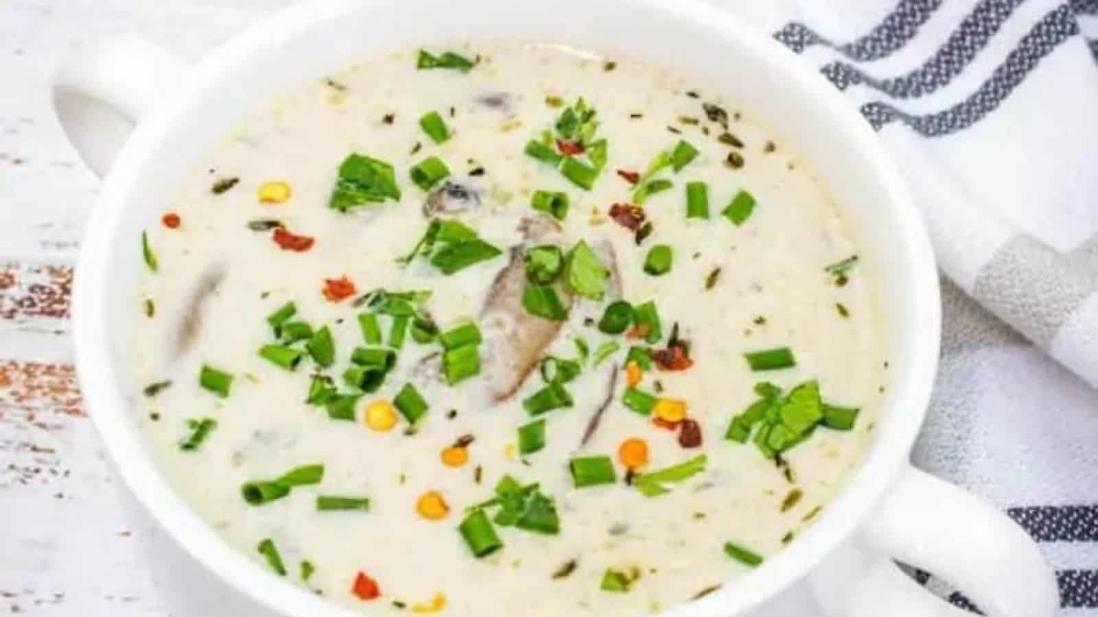 Close-up image of keto cream of mushroom soup in a bowl.