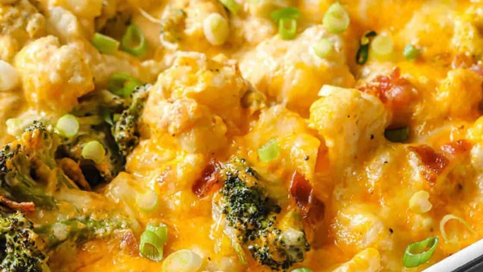 Closeup image of loaded broccoli cauliflower casserole.