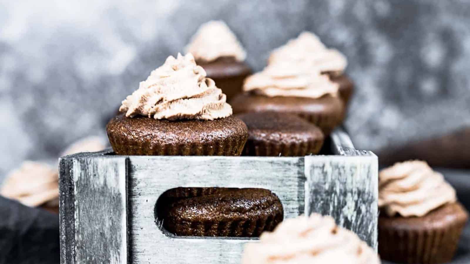 Keto Chocolate Cupcakes inside wooden box.