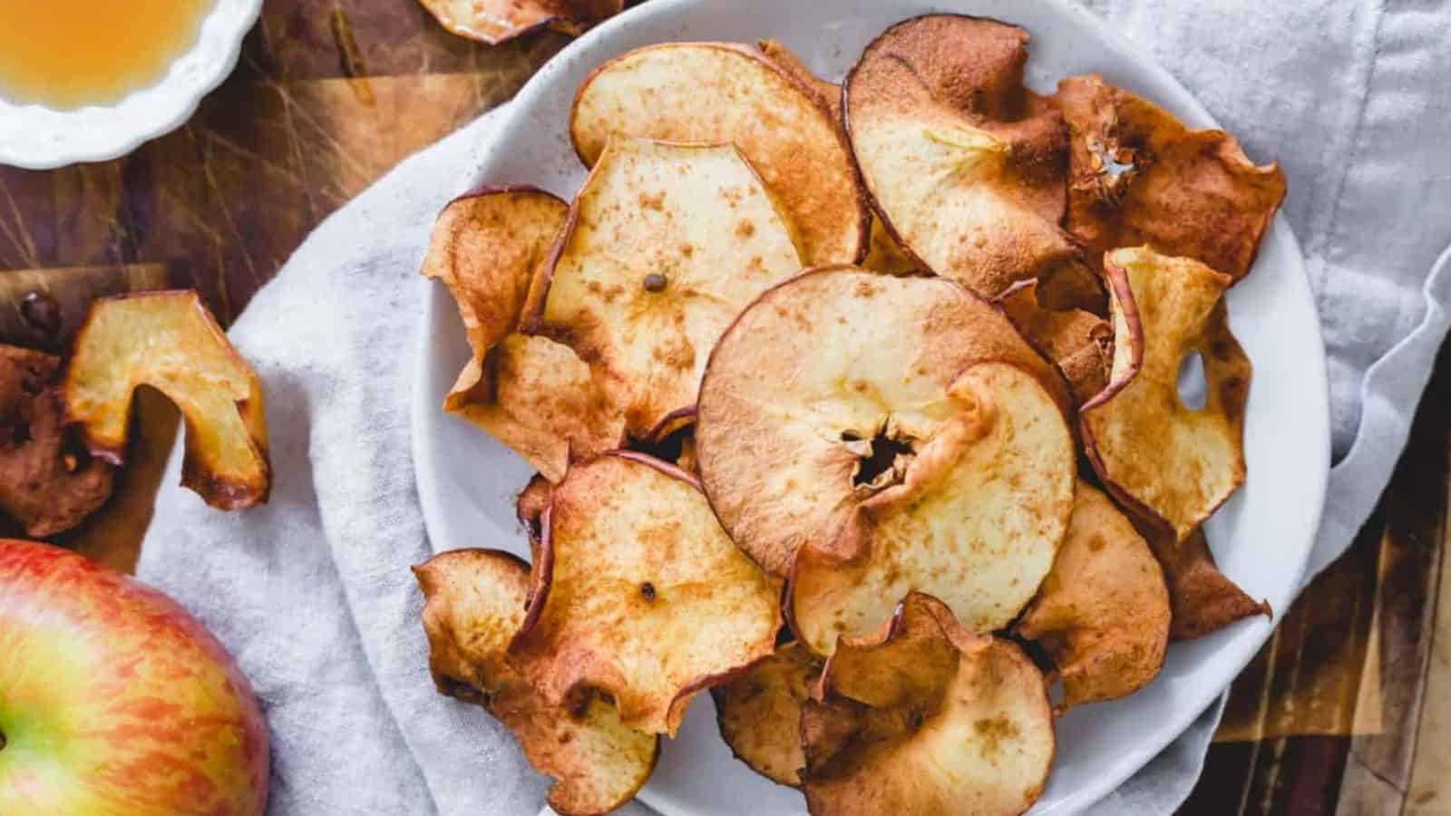 Overhead image of maple cinamon air fryer apple chips.