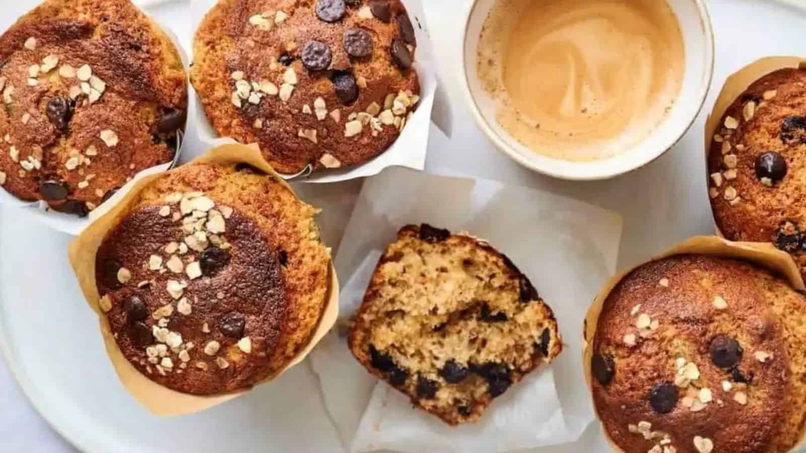 Overhead image of moist banana choocolate chip muffins.