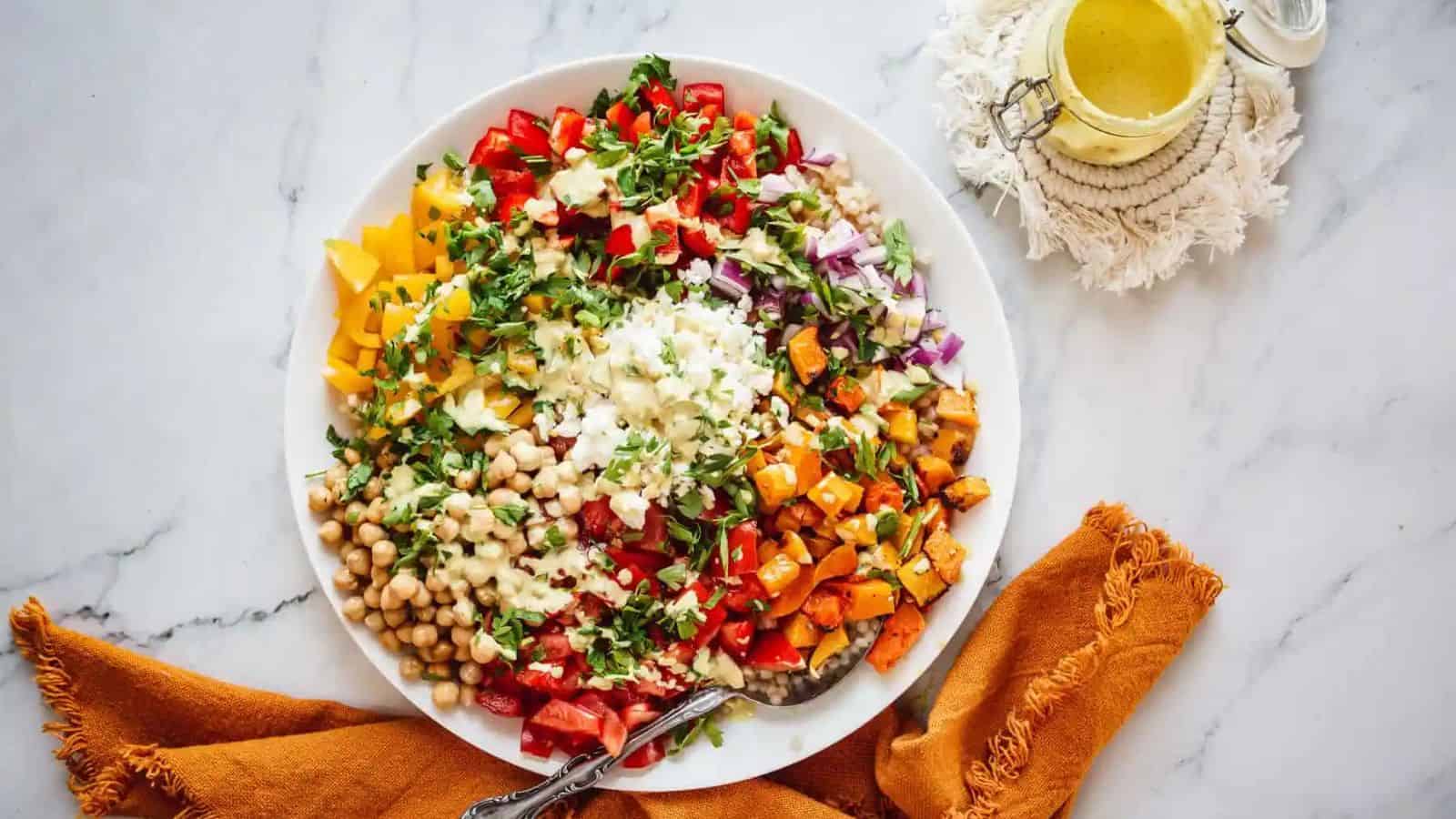 Overhead of Moroccan pearl couscous salad.