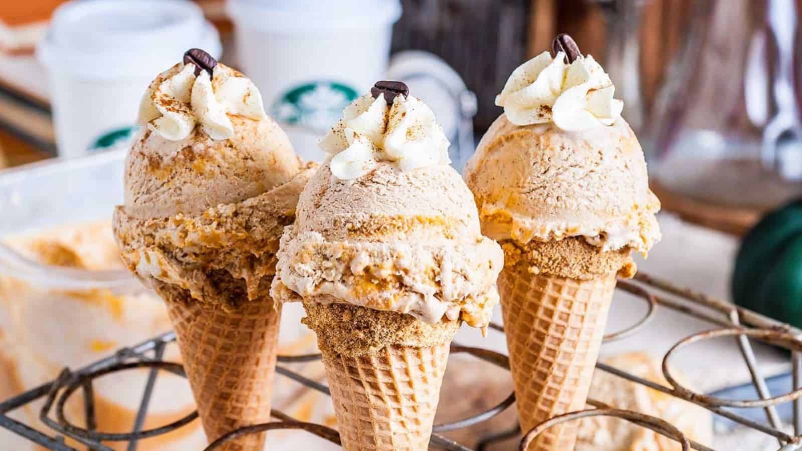 Three cones of No Churn Pumpkin Spice Latte Ice Cream.