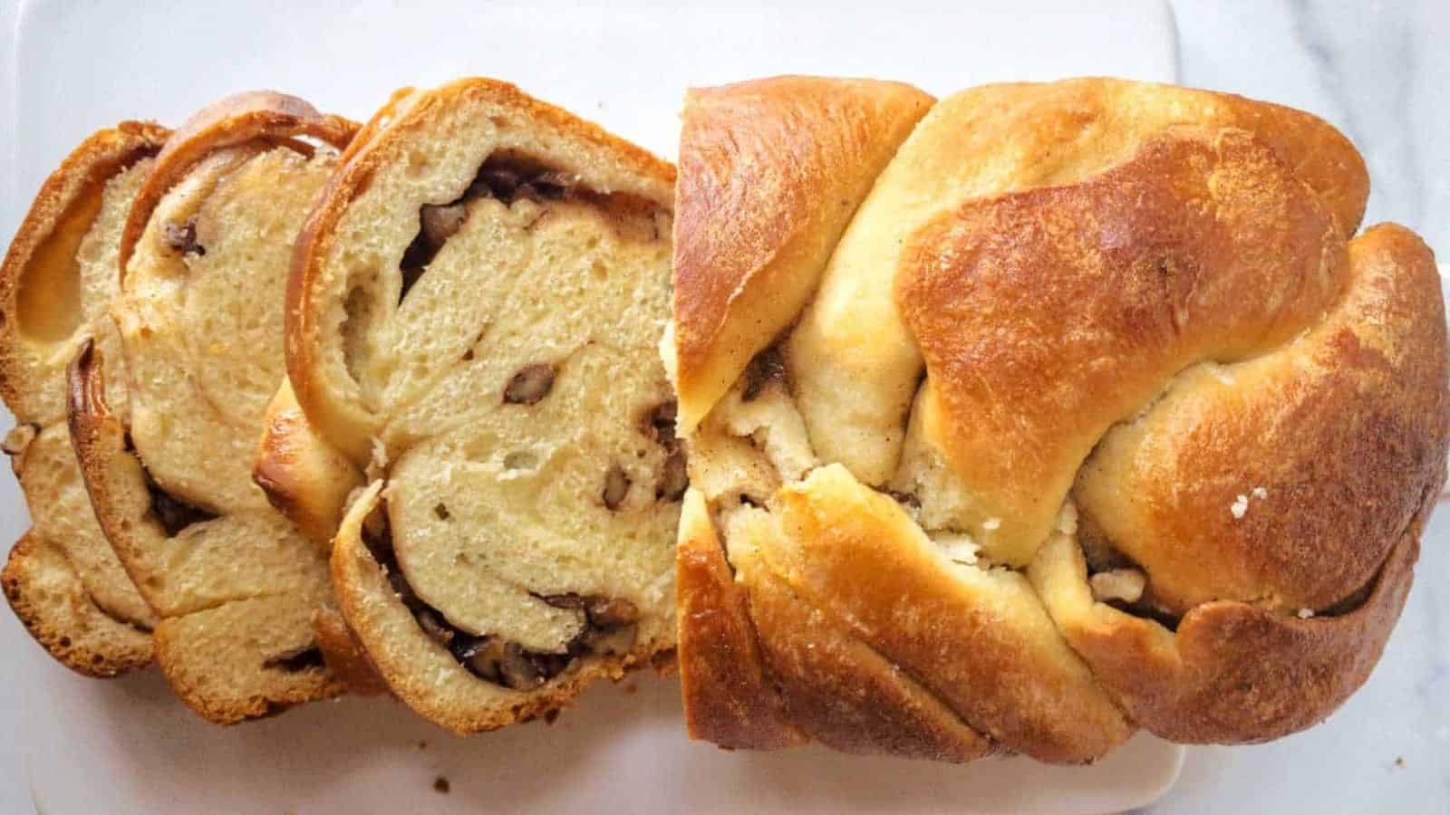 A sliced loaf of pean nutmeg bread.