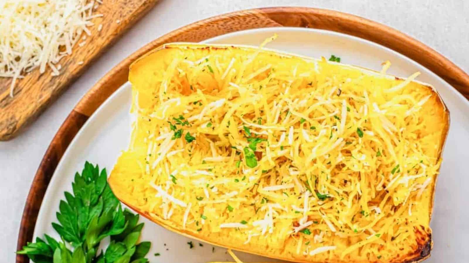 Overhead image of parmesan air fryer spaghetti squash in a plate.