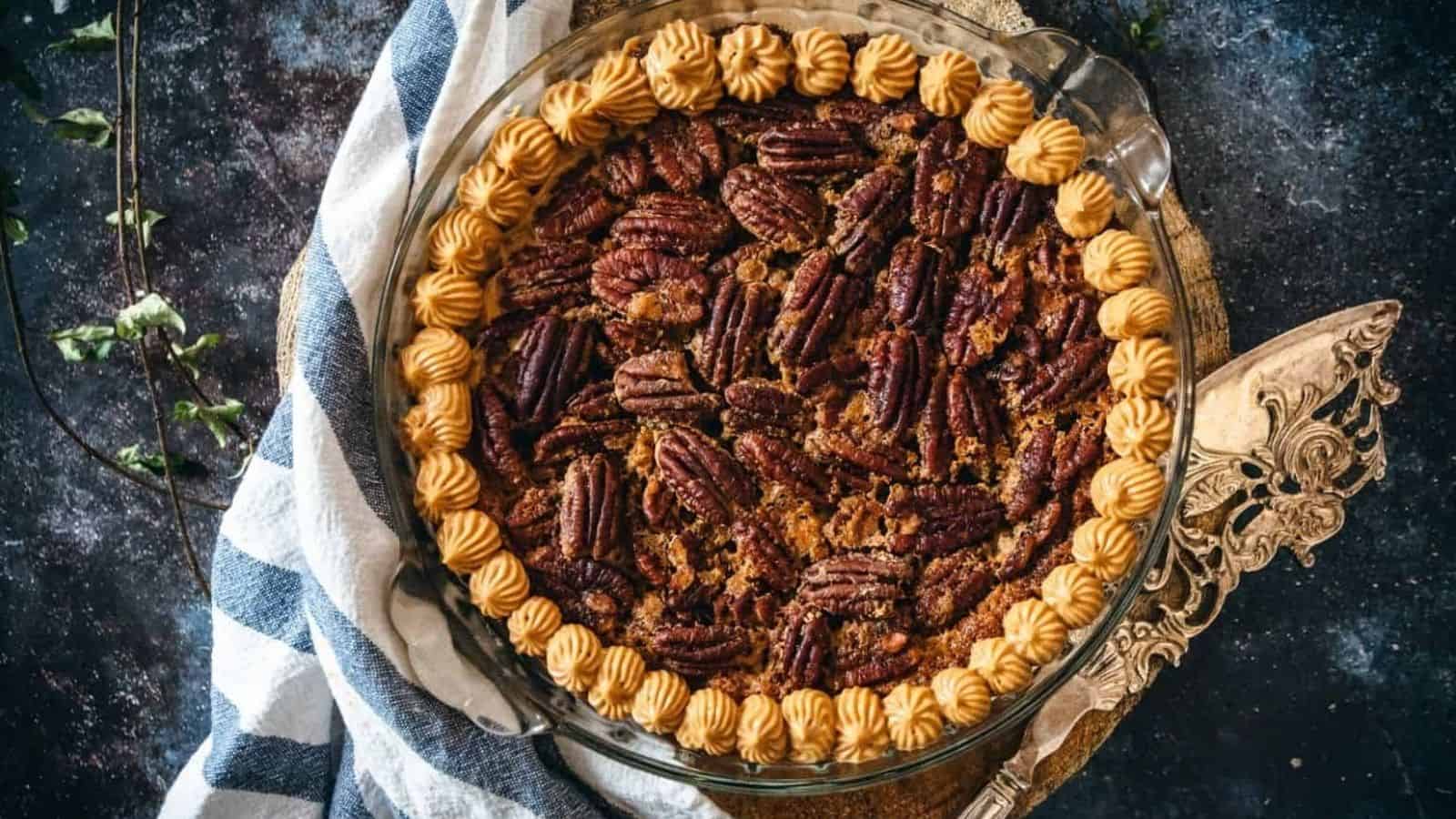 Close up of pecan pie with dulce de leche cream.