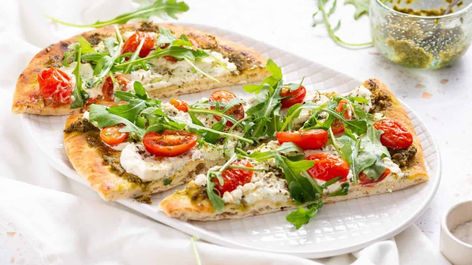 An image of slices of flatbread on a serving plate.