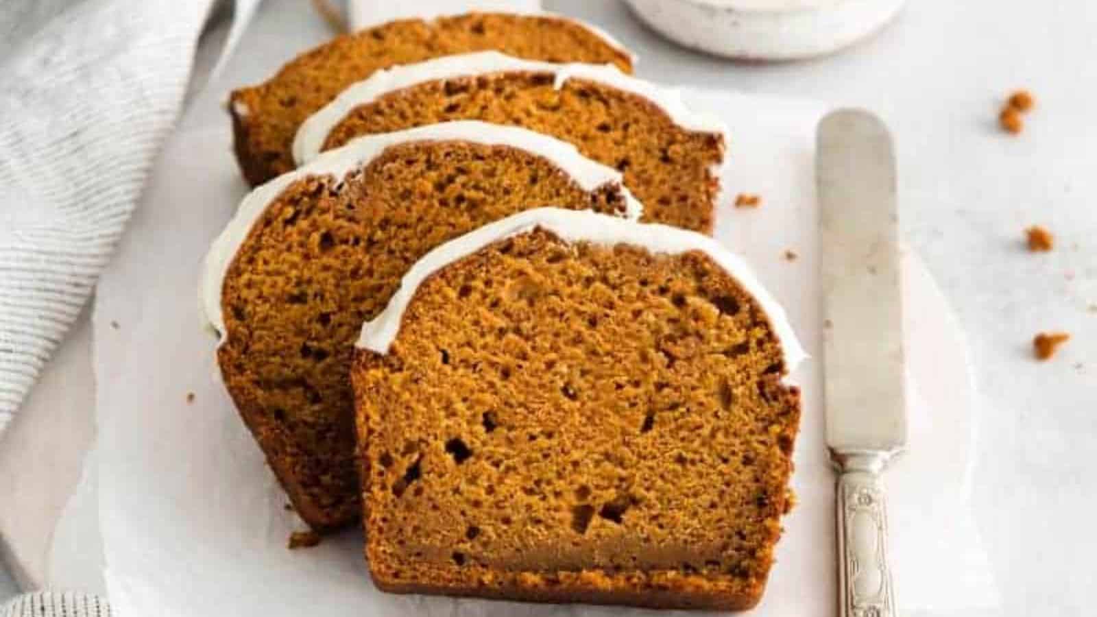 Slices of Pumpkin Bread With Cream Cheese Frosting.