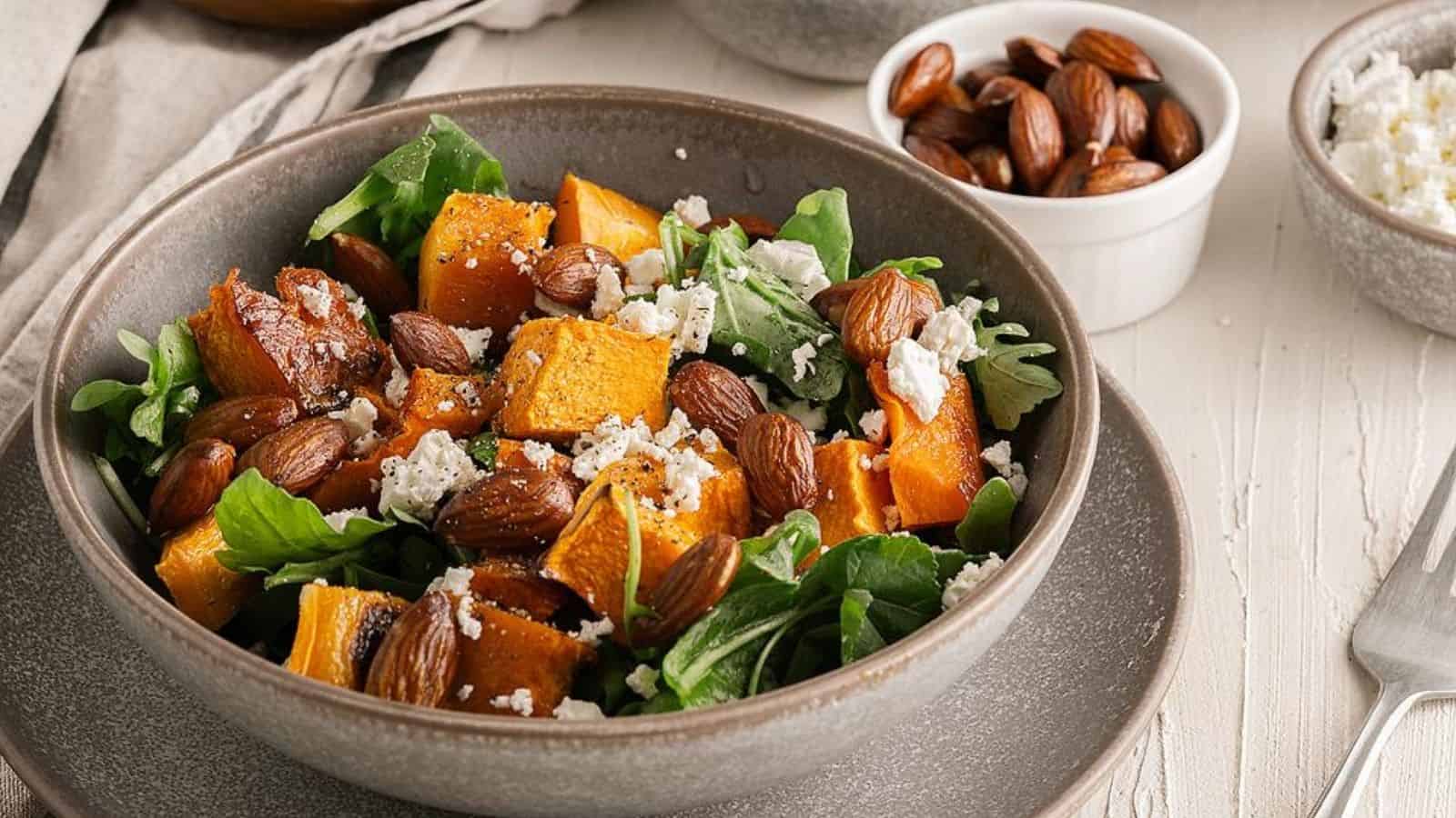 Pumpkin feta aragula rocket salad in a bowl.