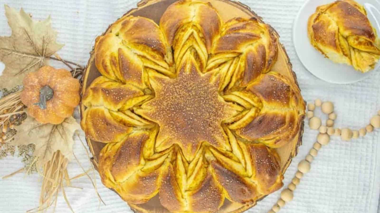 Overhead image of pumkin star bread.