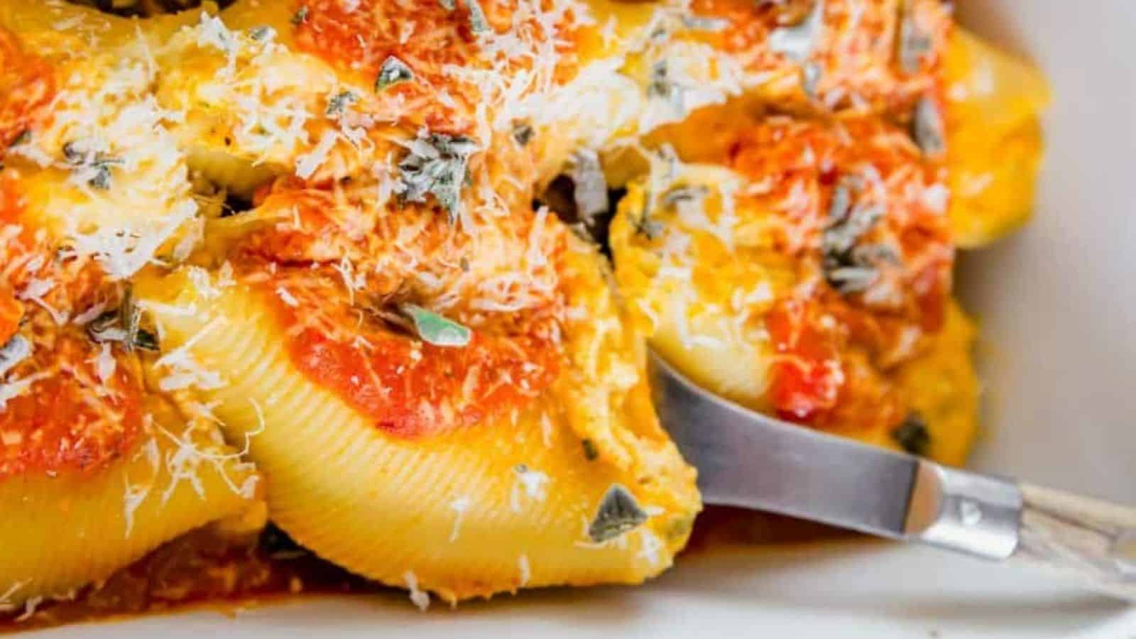 Close-up image of pumpkin stuffed shells.