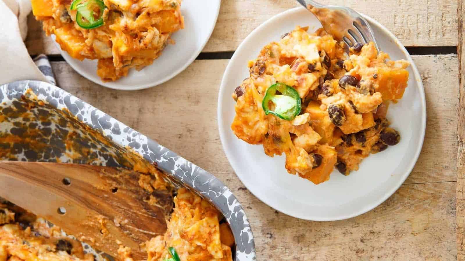 Overhead image of pumpkin tortilla casserole.