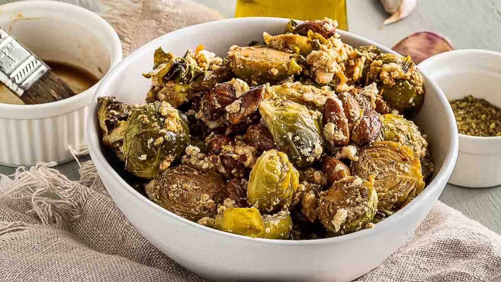 A bowl of roasted brussels sprouts.