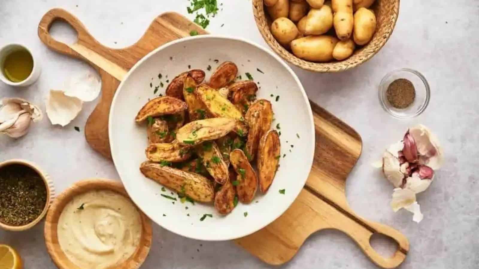 Overhead image of roasted fingerling potatoes on a plate on top of a woodden board.