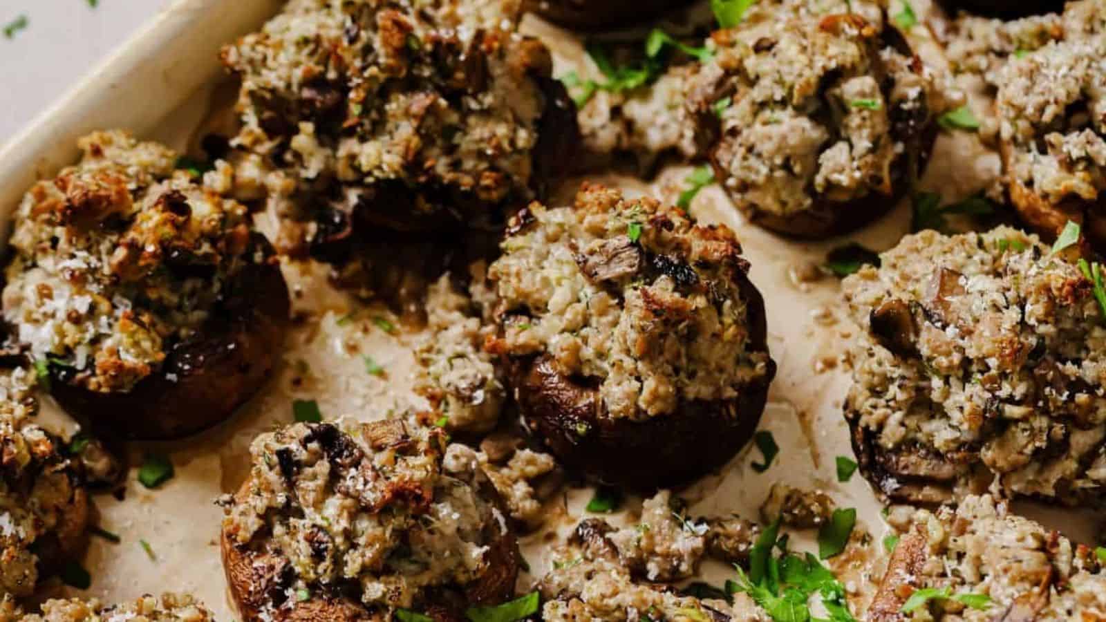 Stuffed mushrooms on a serving tray.