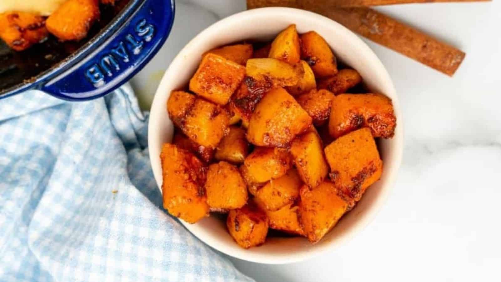 Overhead image of saureed butternut squash in a bowl.